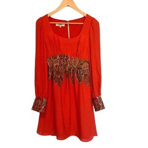 TIBI Red Paisley Boho 100% Silk Empire Waist Vintage Style Dress-Size 2